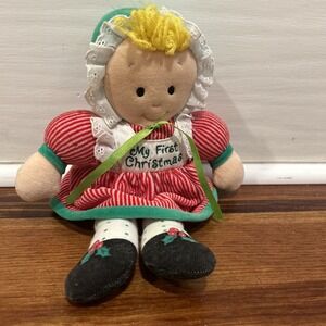 LILLIAN VERNON My First Christmas Plush 11" Cloth Rag Doll Blonde Yarn Hair